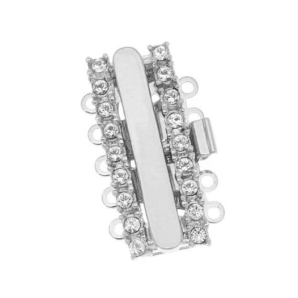 Rhodium Plated 5-Strand Box Clasp - Rectangular With Crystals - 23x13mm Elegant